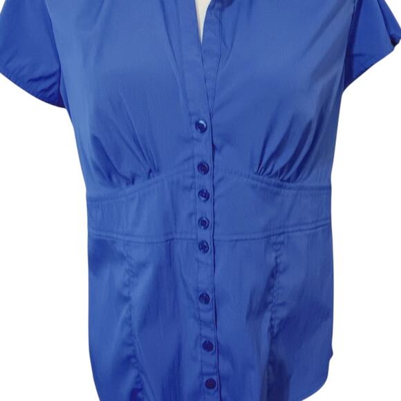DRESSBARN Retro Gathered Blouse Top Medium Yoke Royal Blue Feminine V-Neck - Picture 3 of 7